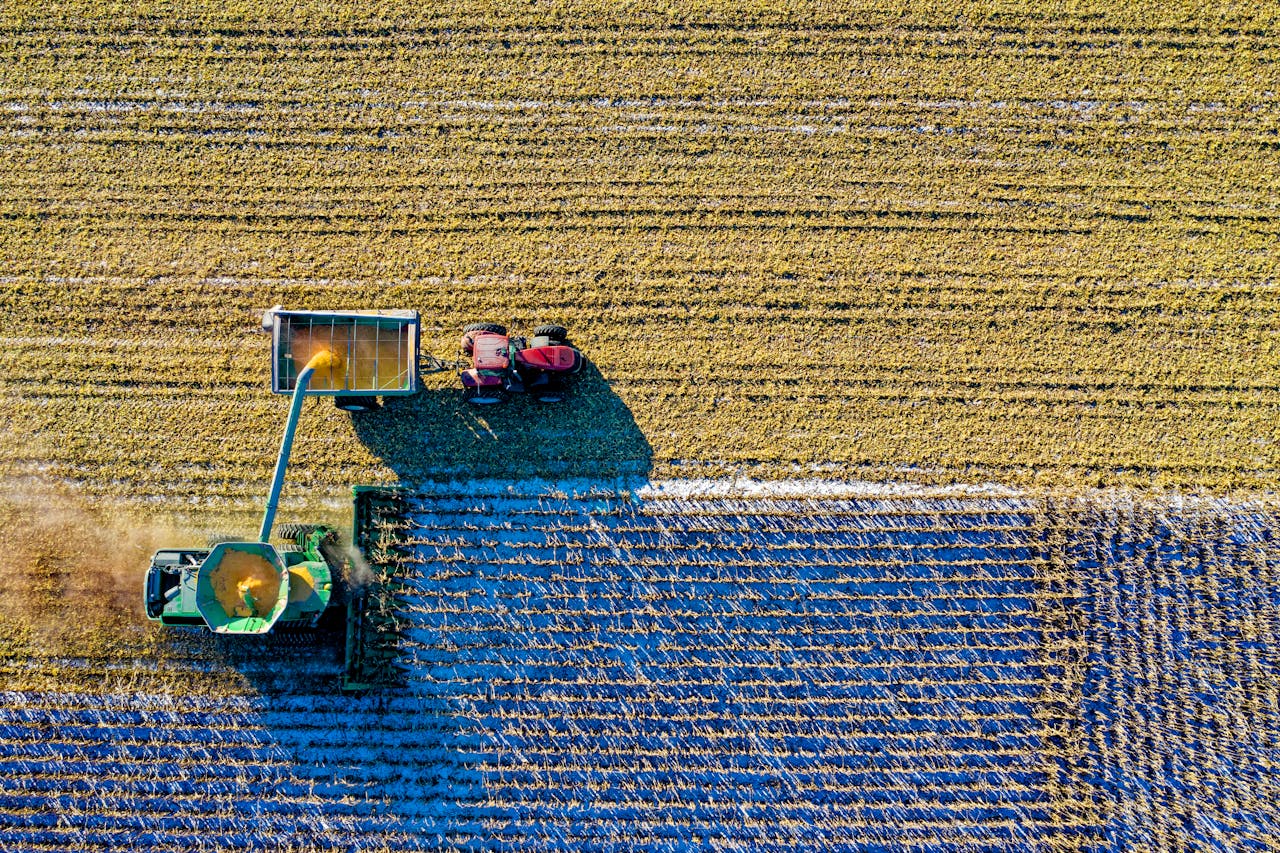 creative-03 Drone captures vibrant aerial view of tractors harvesting corn in Minnesota field.