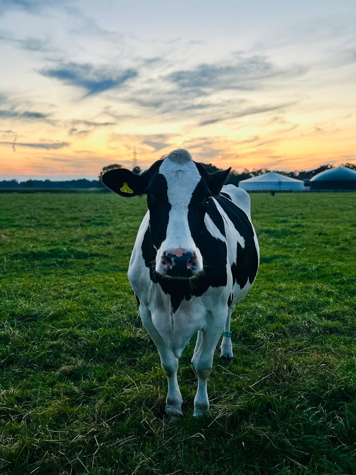 creative-01 Close-up of a black and white Holstein cow in a green pasture during sunset, Germany.